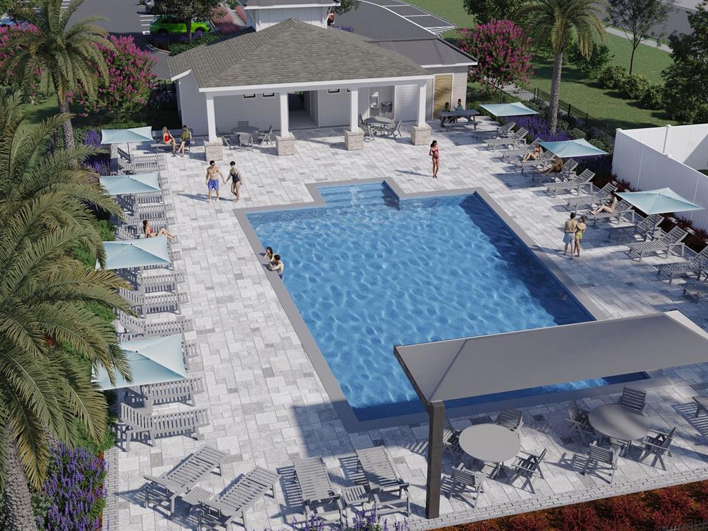This is a 3D rendering of a community swimming pool area with lounge chairs and umbrellas — 114 WANDERING CREEK WAY, PALM COAST, FL