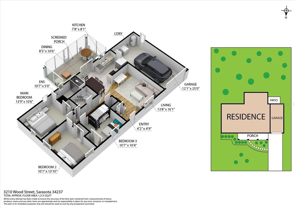 This is a 3D floor plan rendering of a residential home with an attached garage — 3210 WOOD STREET, SARASOTA, FL