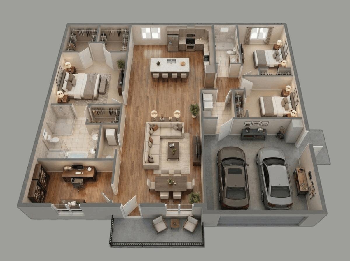 This 3D floor plan rendering shows a three-bedroom house with an open living area and garage — 9035 W Broad Circle, FL 33935, FL