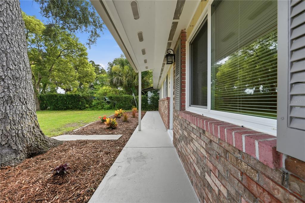 A concrete walkway runs along the brick exterior wall of a house near a tree — 205 PONCE STREET, NEW SMYRNA BEACH, FL