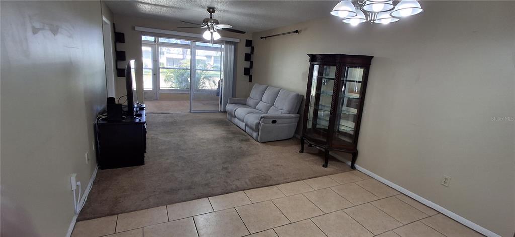 A living room features a light gray sofa, a dark wood curio cabinet, and carpeted flooring — 4737 LAKE VILLA DRIVE, CLEARWATER, FL