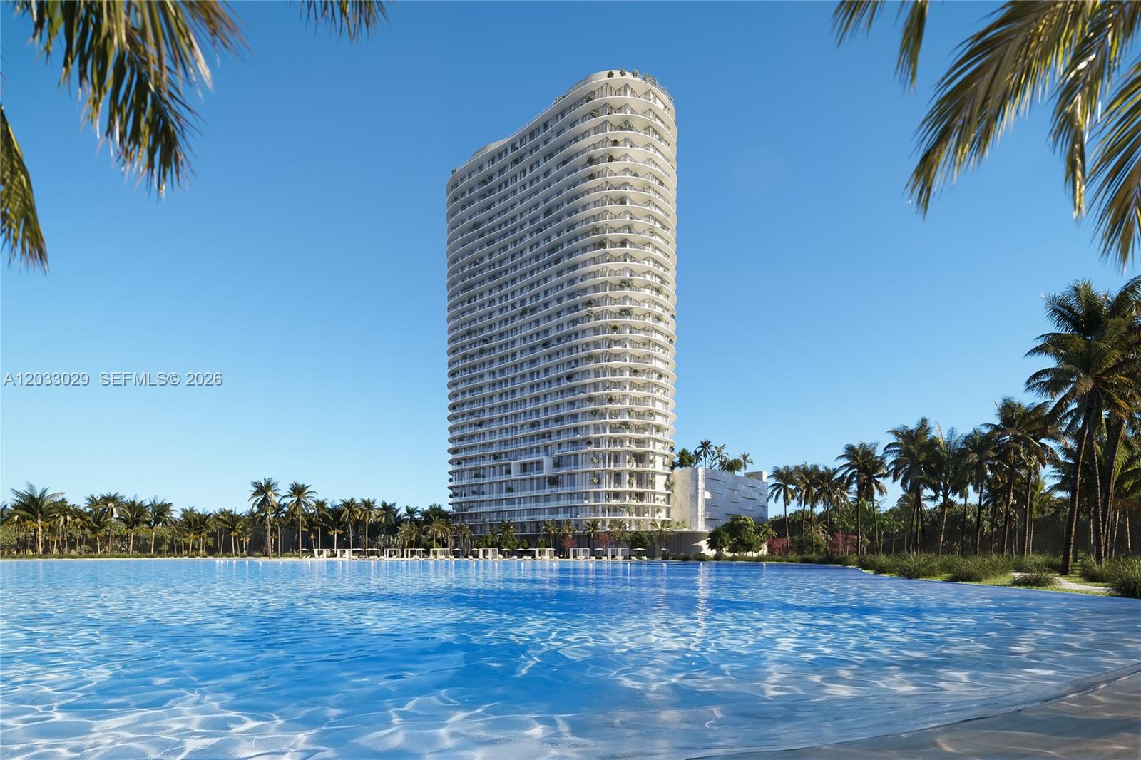 This is a rendering of a tall, modern residential tower overlooking a large blue lagoon — 2411 Laguna Circle # 2302, Miami FL 33181, MIAMI, FL