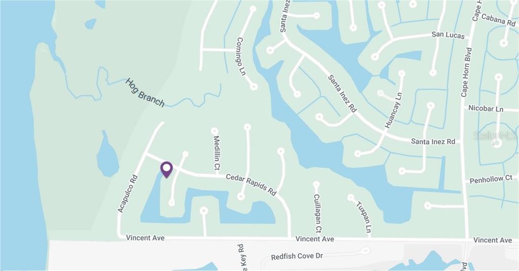This is a map showing residential streets and waterways in a neighborhood — 17475 BELIE WAY, PUNTA GORDA, FL