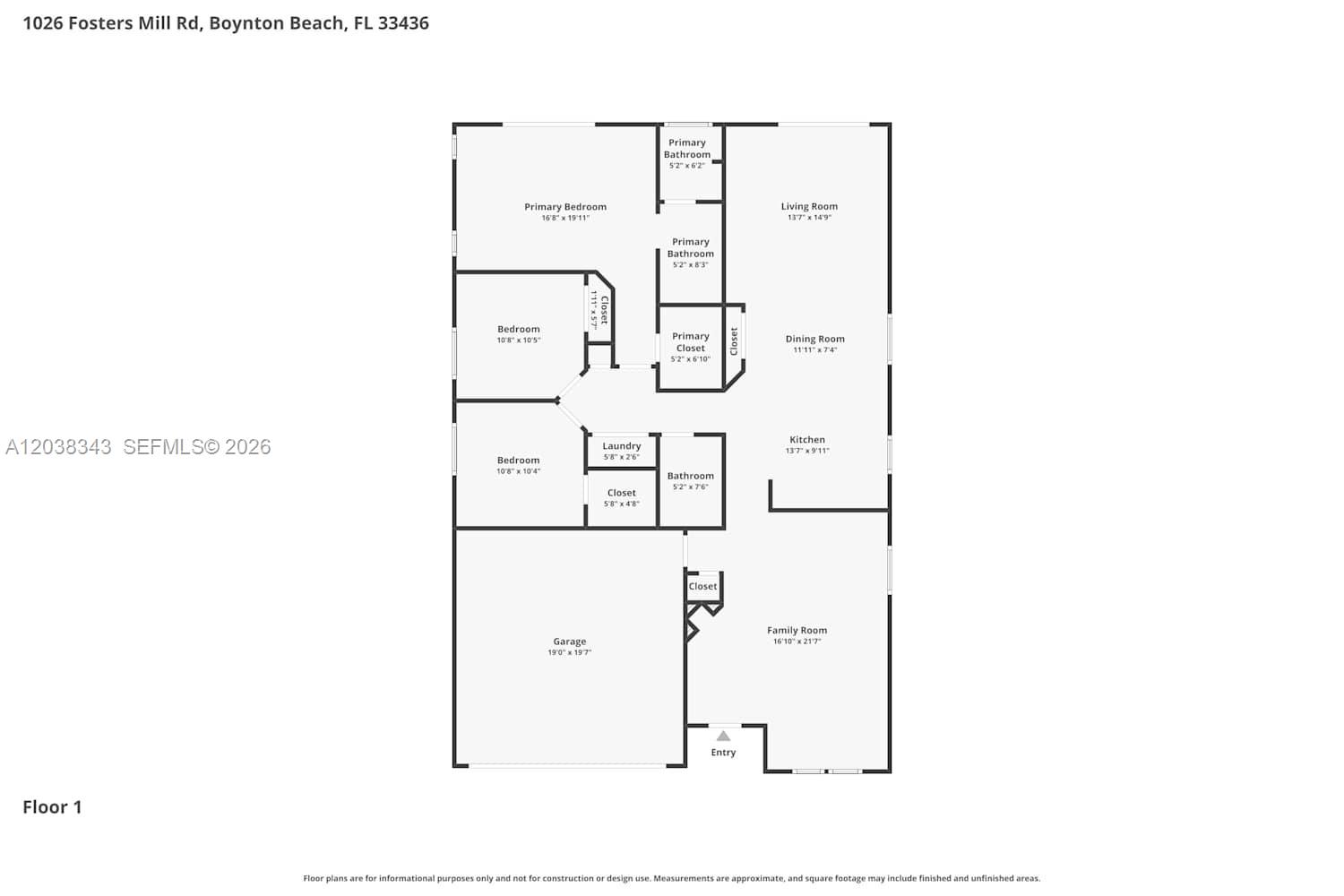 This is a floor plan showing the layout of a single-story residential home — BOYNTON BEACH, FL