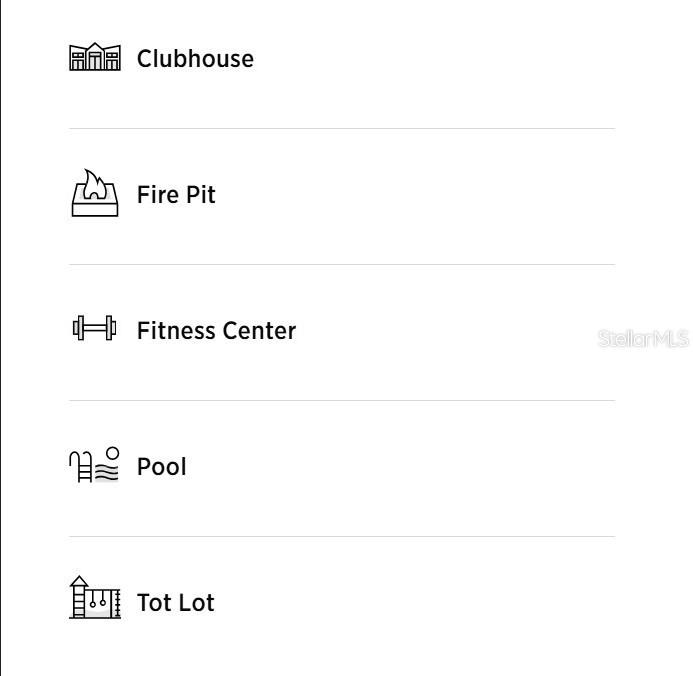 This image shows a list of community amenities including a clubhouse, fire pit, and pool — 13038 SUNSET GARDEN LANE, WINTER GARDEN, FL