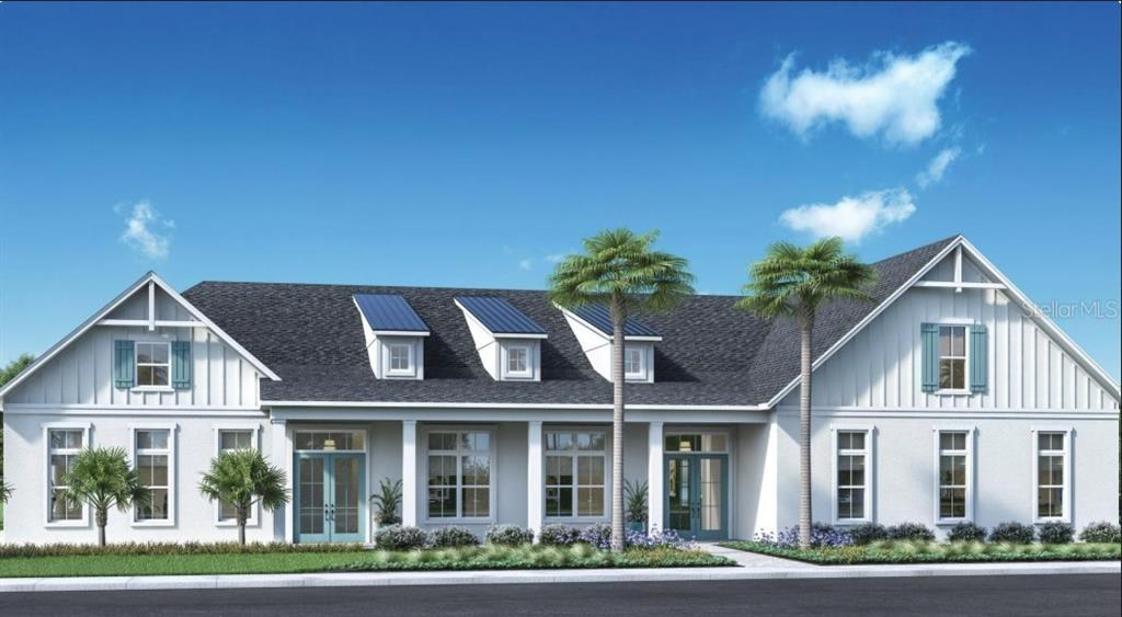 This is a rendering of a white, single-story farmhouse with a dark roof and palm trees — 13038 SUNSET GARDEN LANE, WINTER GARDEN, FL