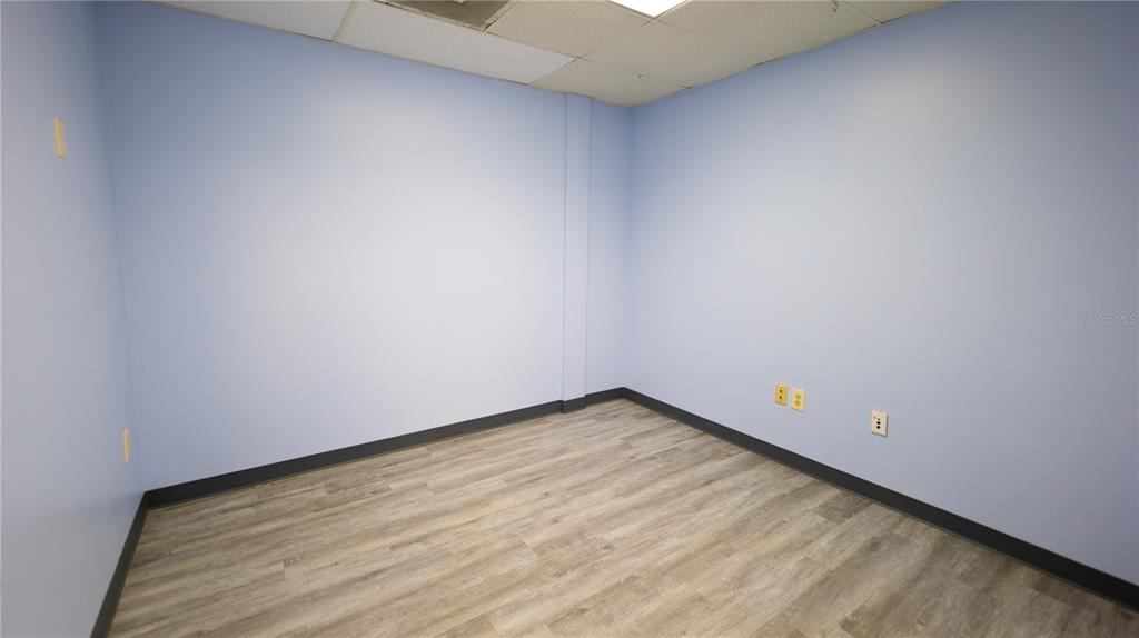 An empty office room features light blue walls, wood-look flooring, and a drop ceiling — 1209 TECH BOULEVARD UNIT 207, TAMPA, FL
