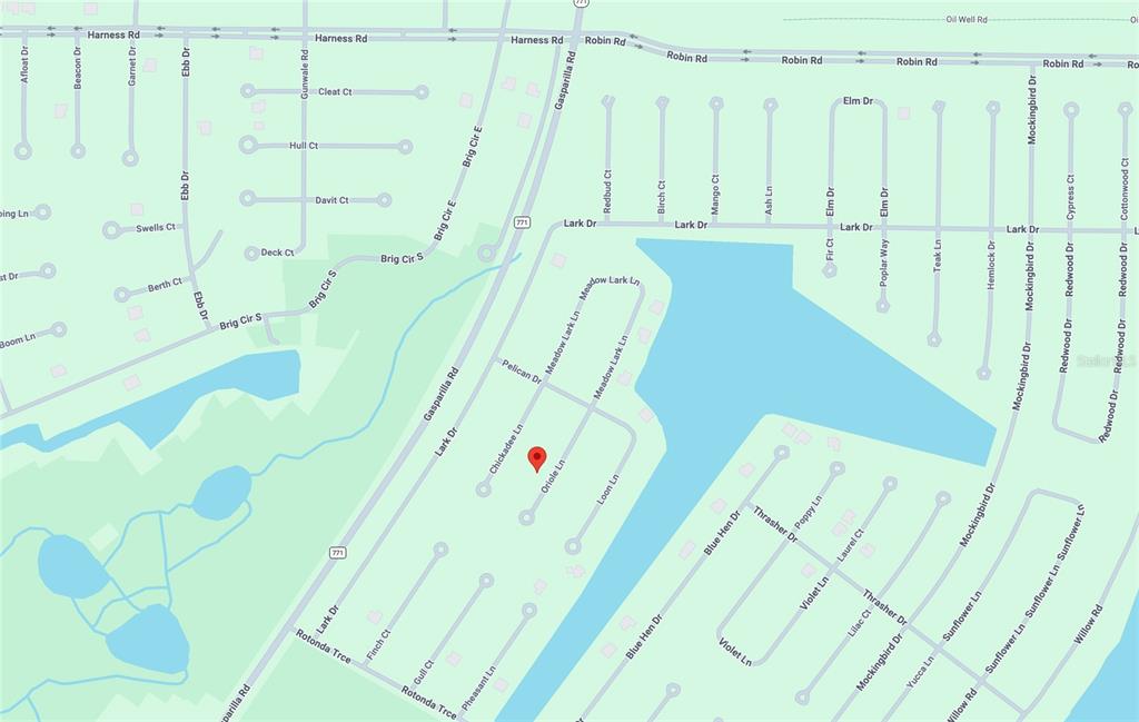 This image is a map showing residential streets and waterways in a neighborhood — 9 ORIOLE LANE, PLACIDA, FL