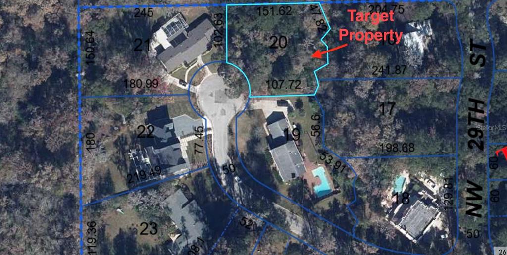 This is an aerial map showing property boundaries and lot dimensions for a residential area — 2958 NW 21ST AVENUE, GAINESVILLE, FL