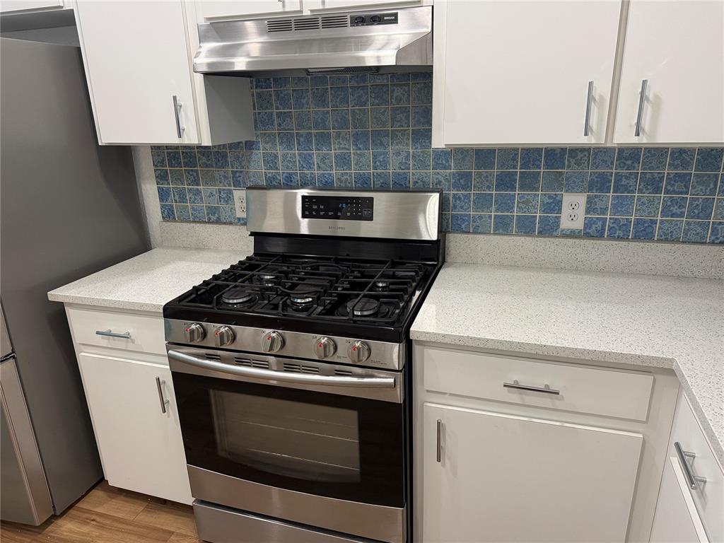 A kitchen features white cabinets, a stainless steel gas range, and a blue tiled backsplash — 21542 CLUBSIDE LOOP, LUTZ, FL