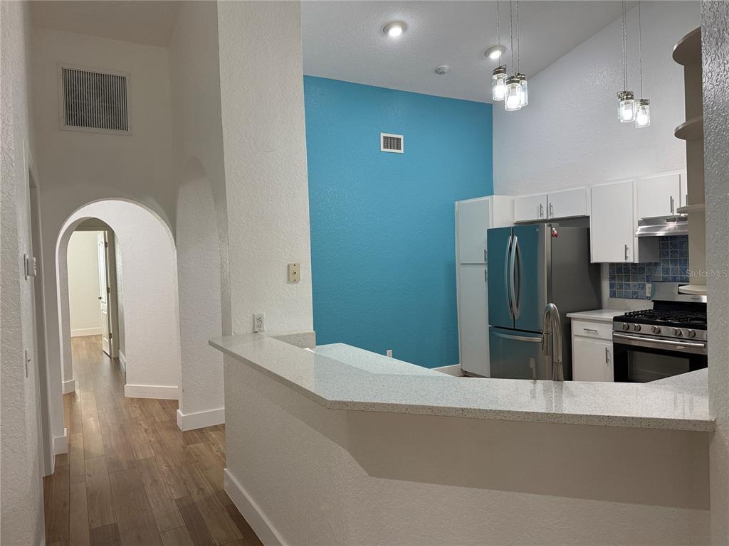 A kitchen features white cabinets, a blue accent wall, and a granite-topped breakfast bar — 21542 CLUBSIDE LOOP, LUTZ, FL