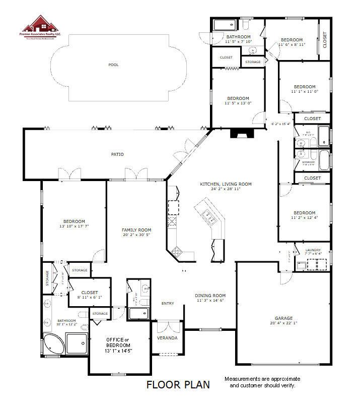 This is a floor plan of a house featuring multiple bedrooms, a pool, and garage — 11380 Wayne Drive, Cooper City FL 33026, COOPER CITY, FL