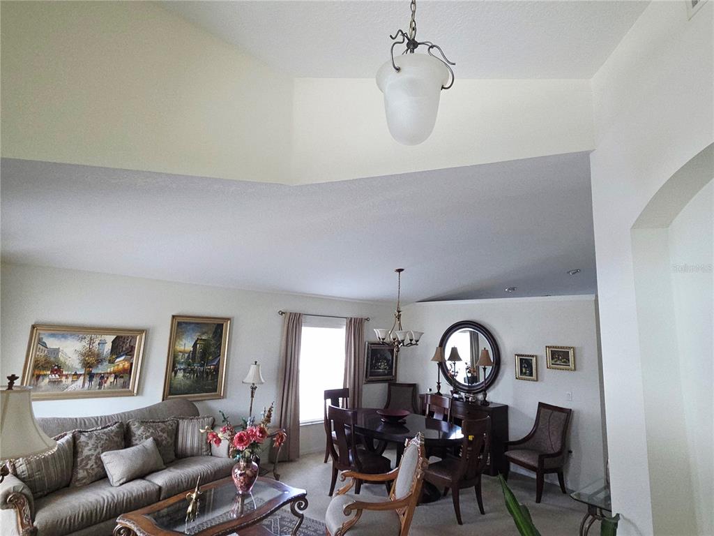 A living and dining room with vaulted ceilings, neutral walls, and traditional furniture — 3849 ROLLINGSFORD CIRCLE, LAKELAND, FL