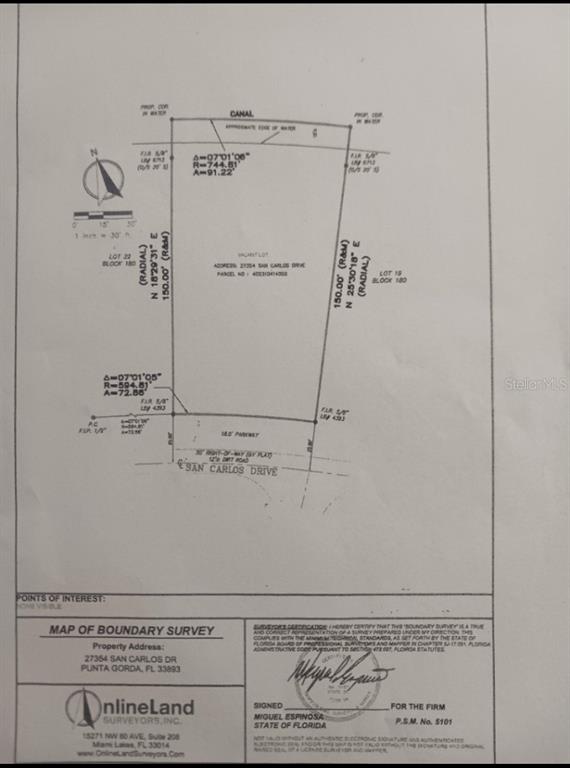 This image is a boundary survey map showing the dimensions and layout of a vacant lot — 27354 SAN CARLOS DRIVE, PUNTA GORDA, FL