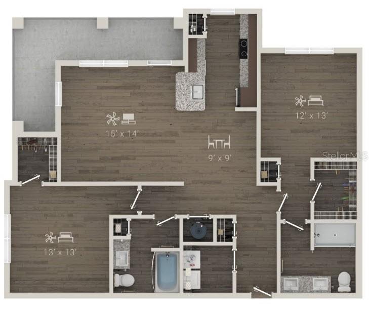 This floor plan rendering shows a two-bedroom apartment with an open kitchen and living area — 1420 LAKEFRONT DRIVE UNIT 1208, SARASOTA, FL