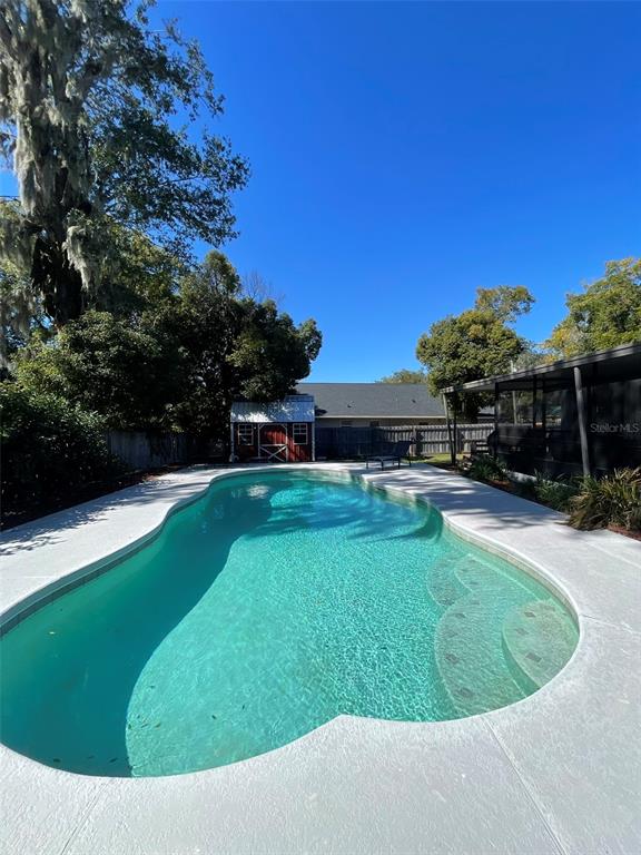 A backyard features a kidney-shaped swimming pool with concrete decking and a small storage shed — 2746 MENDELIN STREET, APOPKA, FL