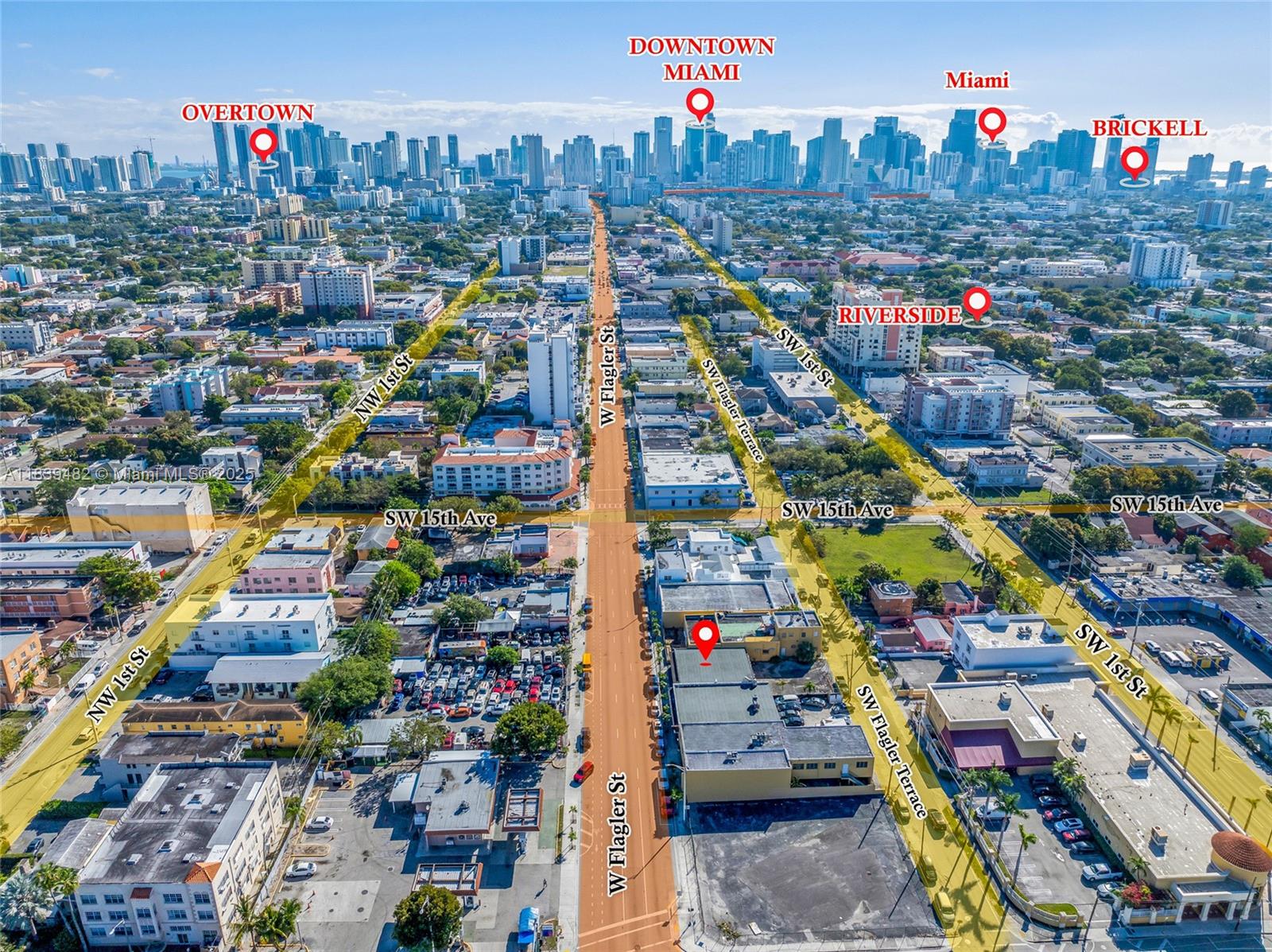 This is an aerial view map showing urban streets and buildings in Miami, Florida — 1554 W Flagler St, Miami FL 33135, MIAMI, FL