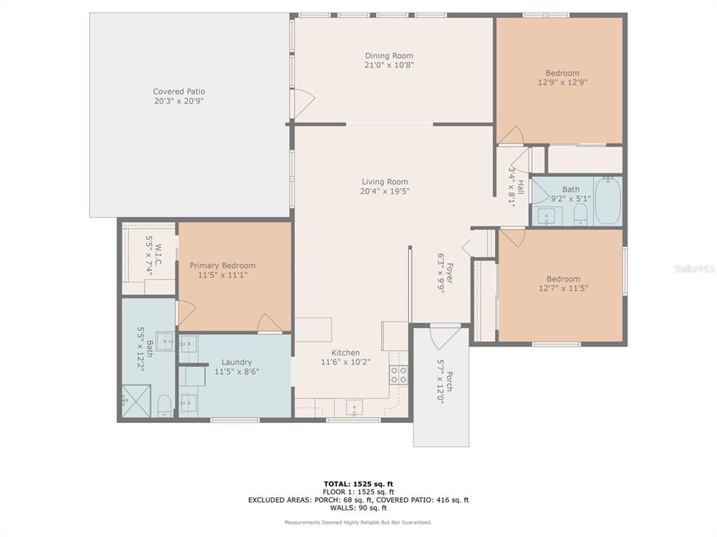 This is a floor plan showing a three-bedroom house with a kitchen, living room, and patio — 3407 29TH STREET W, BRADENTON, FL