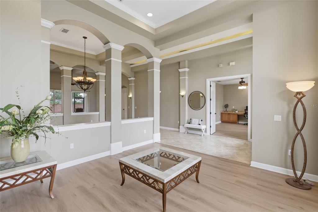 A living room with arched columns, a tray ceiling, and neutral furniture on a rug — 426 DUFF DRIVE, WINTER GARDEN, FL
