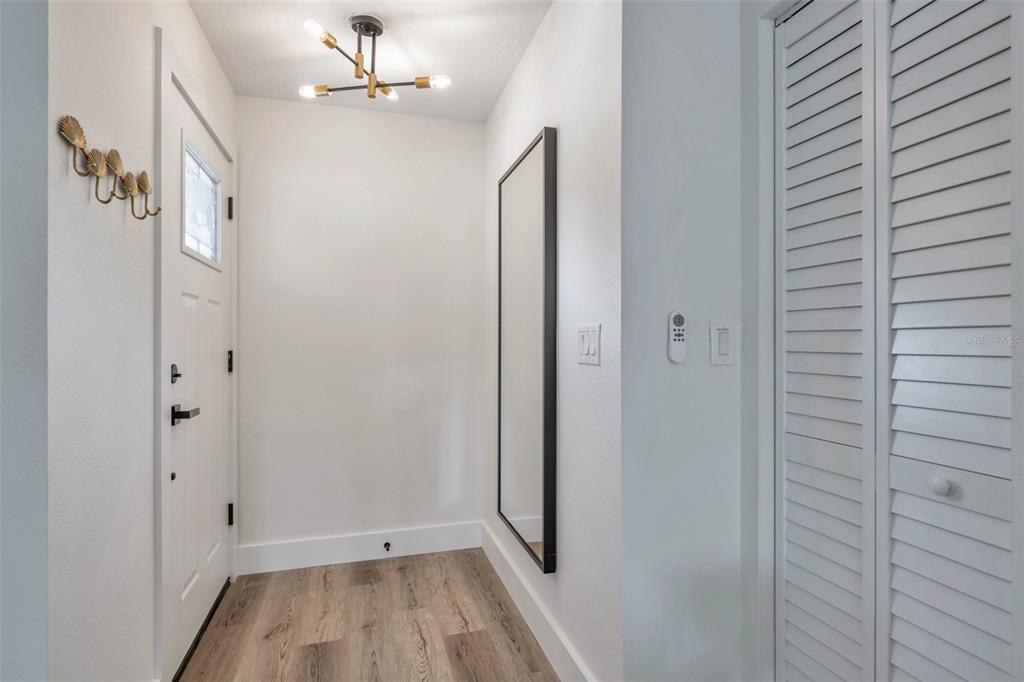 An entryway features wood-look flooring, a modern light fixture, a wall mirror, and a closet — 2310 MARY SUE STREET, LARGO, FL