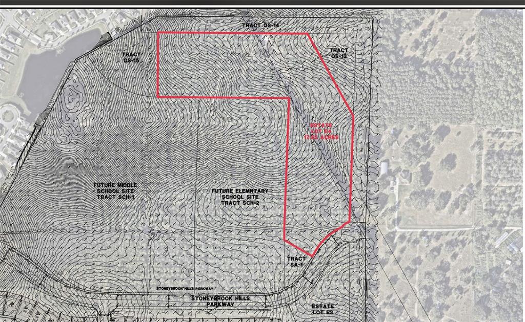 This is a land survey map showing a highlighted estate lot and school site locations — 5937 STONEYBROOK HILLS PARKWAY, MOUNT DORA, FL