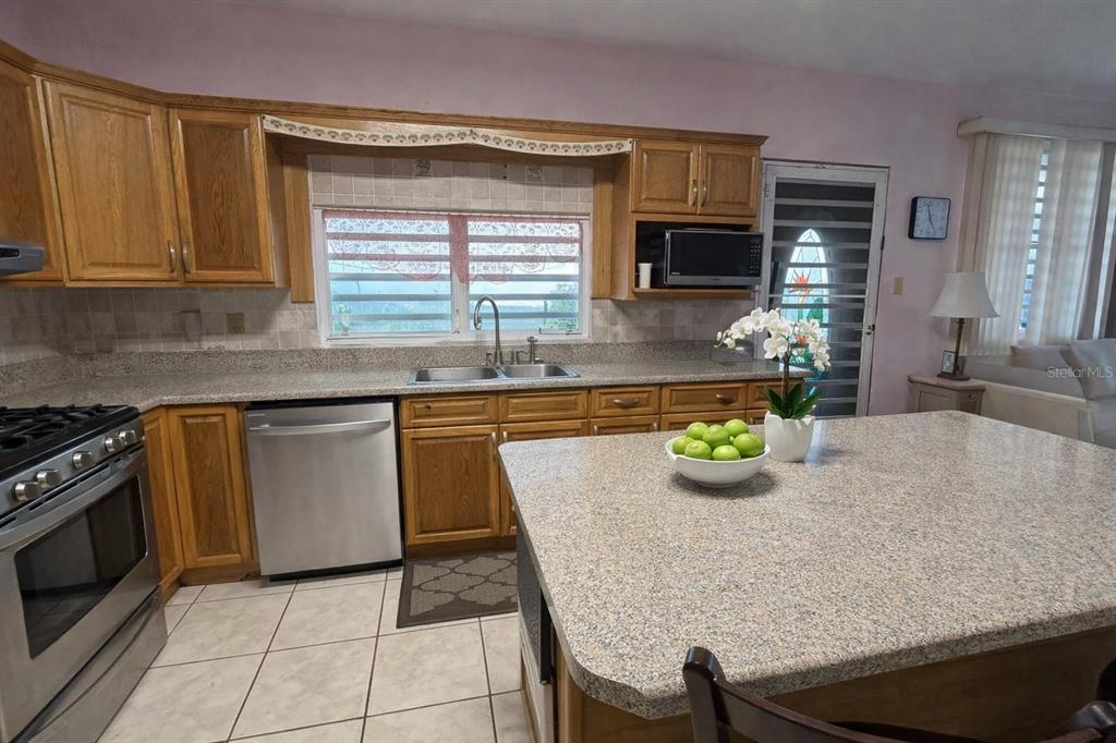 A kitchen features oak cabinets, granite countertops, stainless steel appliances, and light pink walls — KM 2.4 CAMINO ALGARROBO BUENA VISTA WARD, BAYAMON, PR