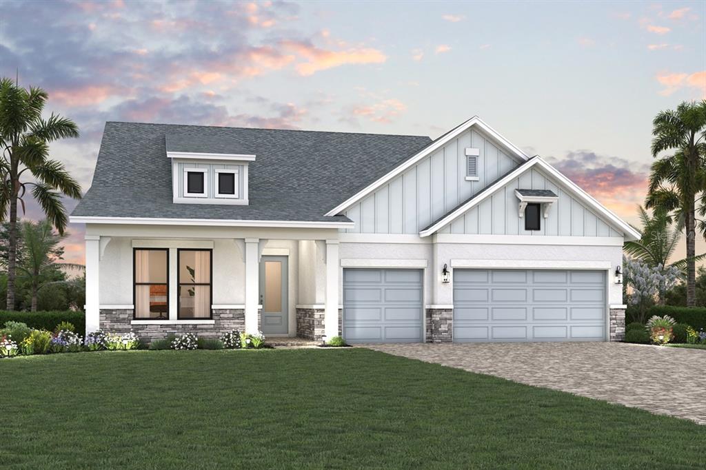 A digital rendering of a single-story suburban house with a three-car garage and stone accents — 6823 HERON MEADOW DRIVE, SARASOTA, FL