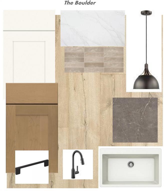 This design board displays kitchen finish samples including cabinetry, countertops, flooring, hardware, and lighting — 6823 HERON MEADOW DRIVE, SARASOTA, FL