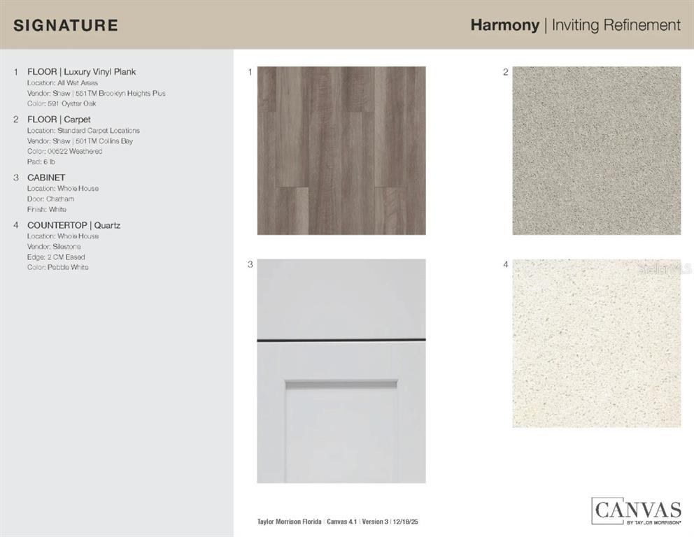 This design board displays samples for luxury vinyl plank, carpet, white cabinets, and quartz countertops — 6529 EQUINOX LANE, NORTH FORT MYERS, FL