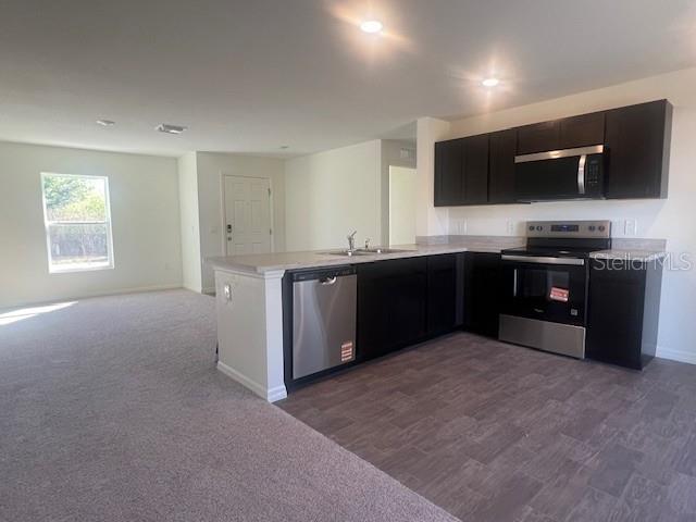 A kitchen with dark cabinets and stainless steel appliances opens to a carpeted living area — 22484 BRADFORD AVENUE, PORT CHARLOTTE, FL