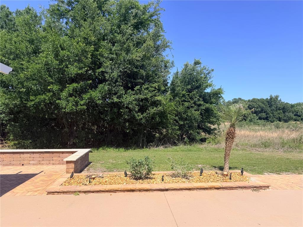 A paved patio features a raised stone planter bed and a view of trees — 9465 SE 47TH WAY, WEBSTER, FL