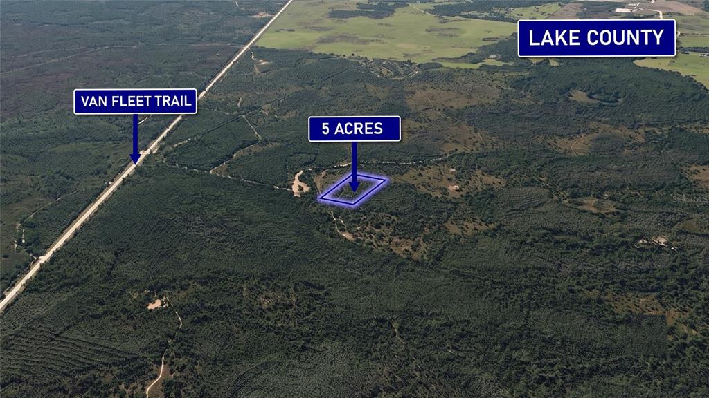 An aerial view shows a five-acre plot of land near the Van Fleet Trail — 0000 CALVIN LEE ROAD, CLERMONT, FL