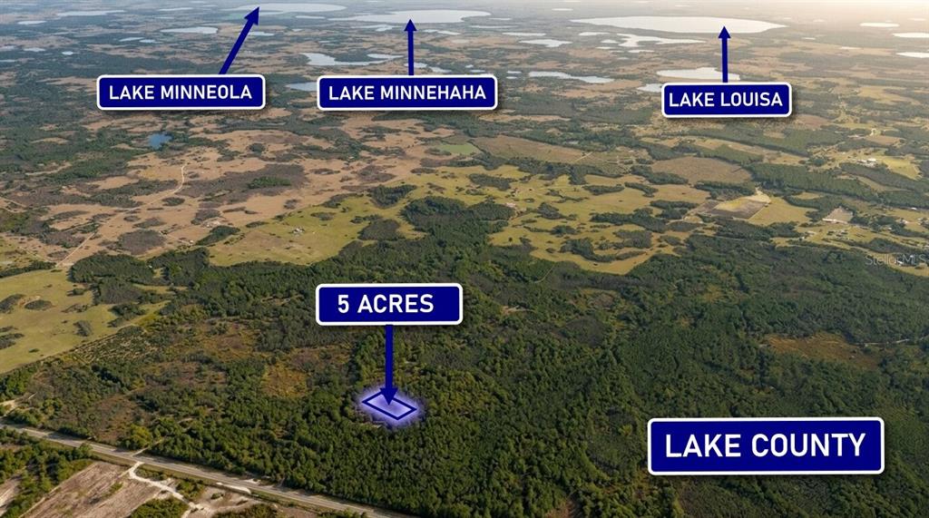 This aerial view shows a five-acre plot of land in Lake County near several lakes — 0000 CALVIN LEE ROAD, CLERMONT, FL