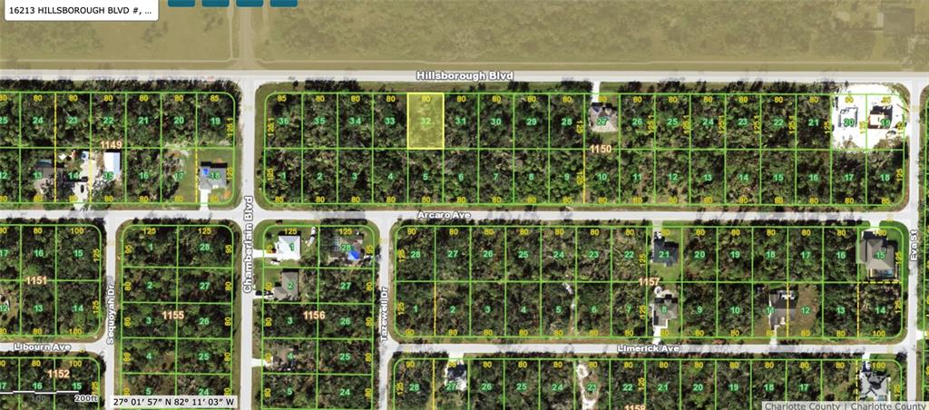 This is a satellite map showing residential land parcels and street layouts — 16213 HILLSBOROUGH BOULEVARD, PORT CHARLOTTE, FL