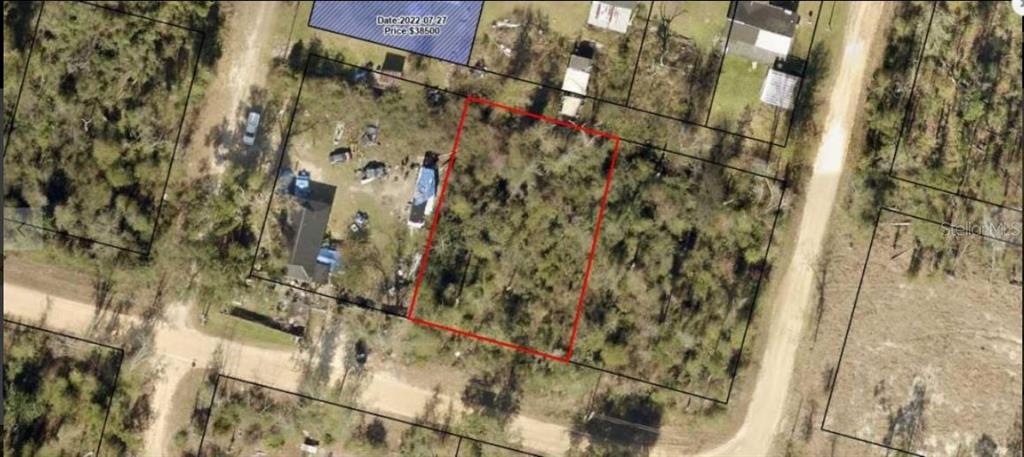 An aerial view shows a rectangular, wooded plot of land outlined in red — 3RD STREET, FOUNTAIN, FL