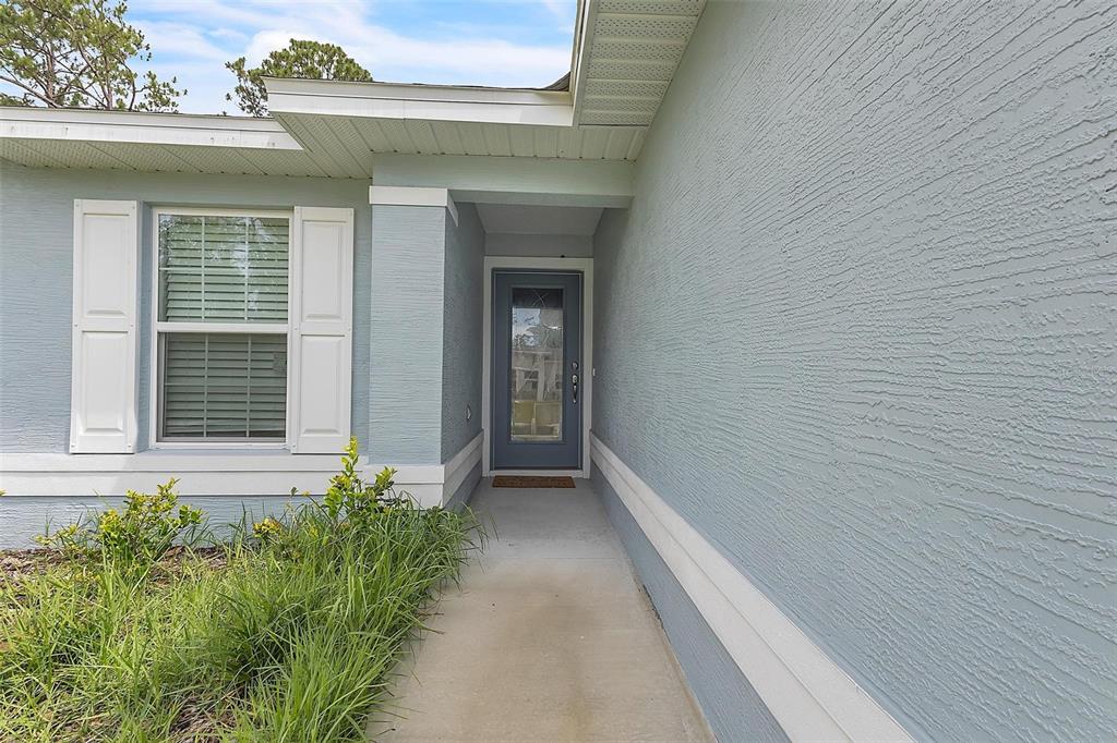 A blue house exterior features a front door, a window with shutters, and a walkway — 63 PRESIDENT LANE, PALM COAST, FL