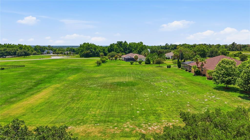 An aerial view shows a large, grassy residential lot surrounded by trees and neighboring houses — 9853 PREAKNESS STAKES WAY, DADE CITY, FL