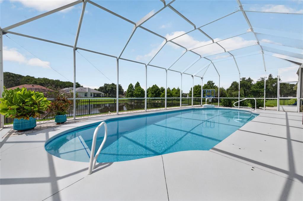 A screened-in swimming pool with a basketball hoop sits on a patio overlooking a pond — 1747 TRIBUTORY LANE, PORT ORANGE, FL