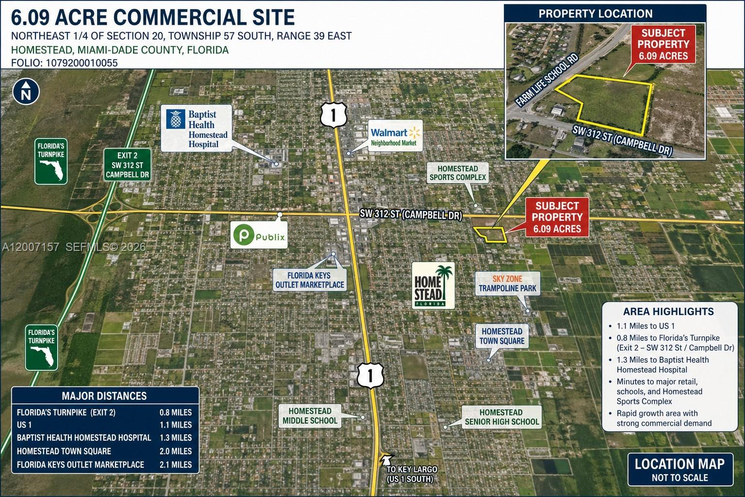This is a map showing the location of a 6.09-acre commercial site in Homestead, Florida — S Canal Dr, Homestead FL 33035, HOMESTEAD, FL
