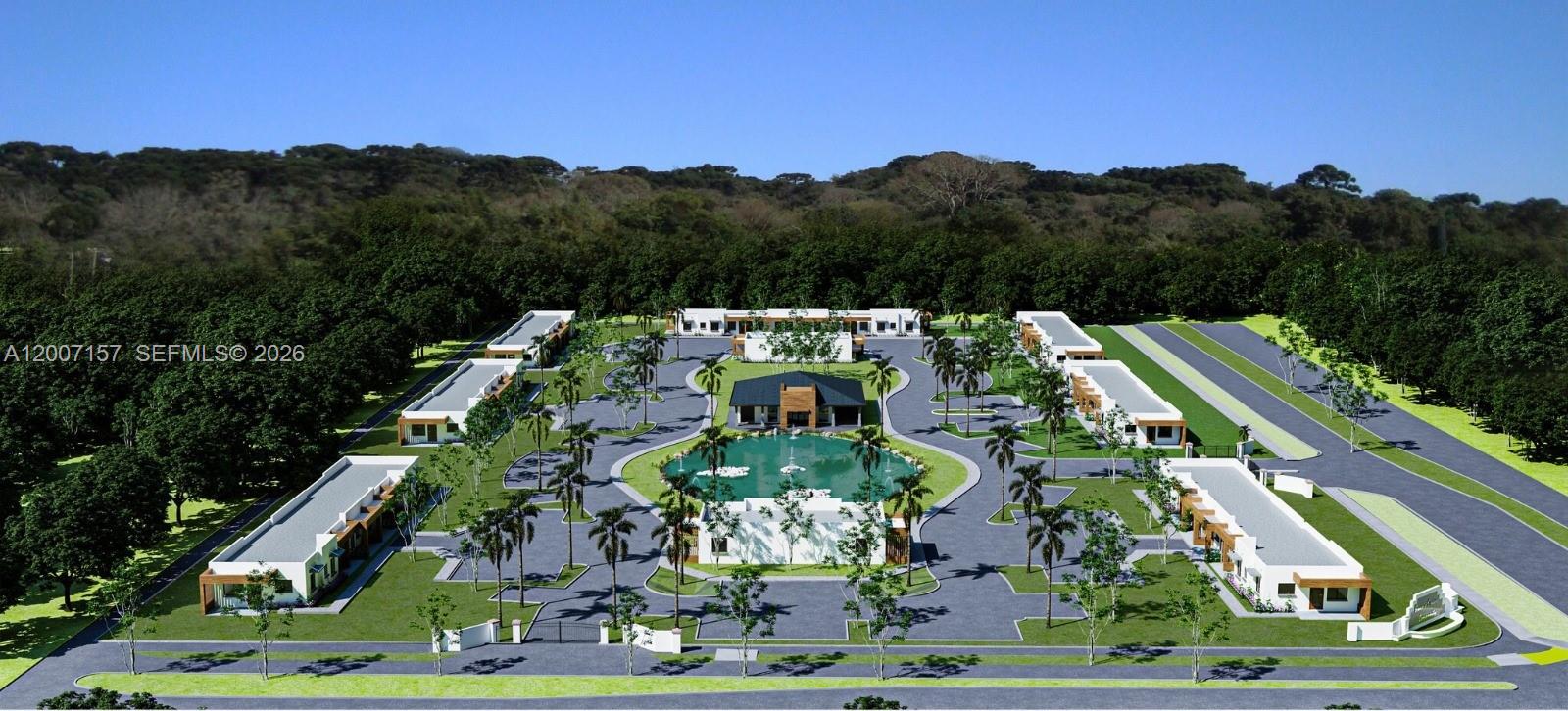 This is a digital rendering of a residential complex featuring multiple buildings surrounding a central pond — S Canal Dr, Homestead FL 33035, HOMESTEAD, FL
