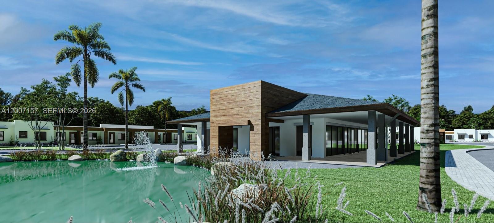 This is a rendering of a modern building exterior with a pond and palm trees — S Canal Dr, Homestead FL 33035, HOMESTEAD, FL