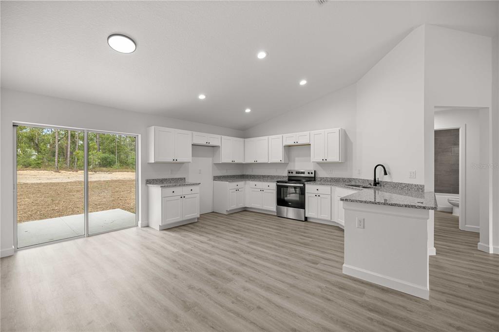 A kitchen with white cabinets, granite countertops, stainless steel appliances, and light wood-look flooring — 24128 NW GERANIUM AVENUE, DUNNELLON, FL