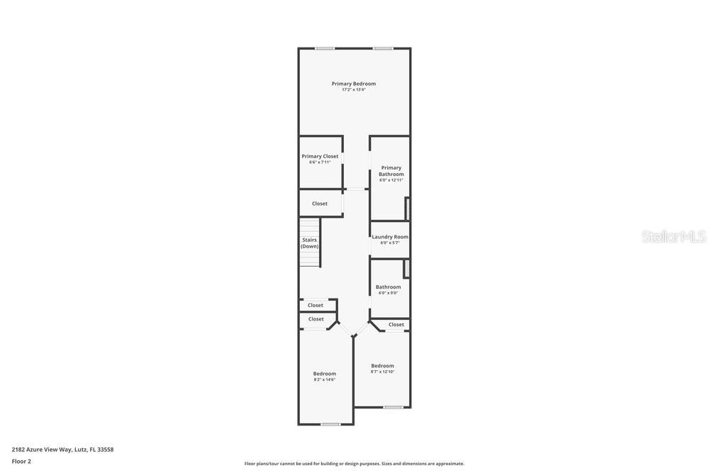 This is a floor plan of a residential second story featuring three bedrooms and two bathrooms — 2182 AZURE VIEW WAY, LUTZ, FL