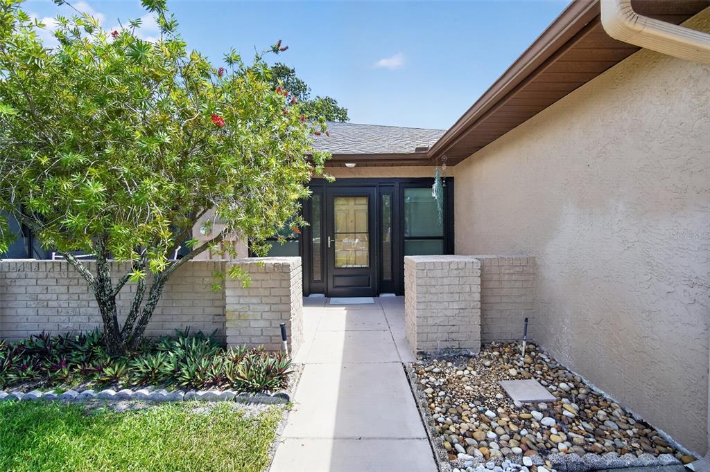 A walkway leads to a front entrance with a black door and brick accents — 3284 GORSE COURT, PALM HARBOR, FL