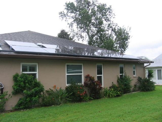 The exterior of a house features a tan stucco wall, solar panels, and landscaping — 3284 GORSE COURT, PALM HARBOR, FL