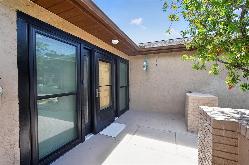 A beige stucco exterior wall features a black-framed glass door and side windows — 3284 GORSE COURT, PALM HARBOR, FL