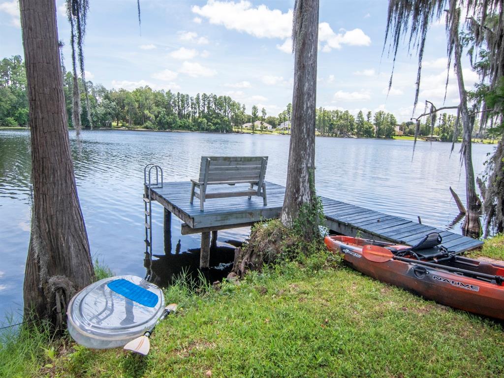 A wooden dock with a bench sits on a lake next to two kayaks — 219 WILLOW BEND PARKWAY, LUTZ, FL