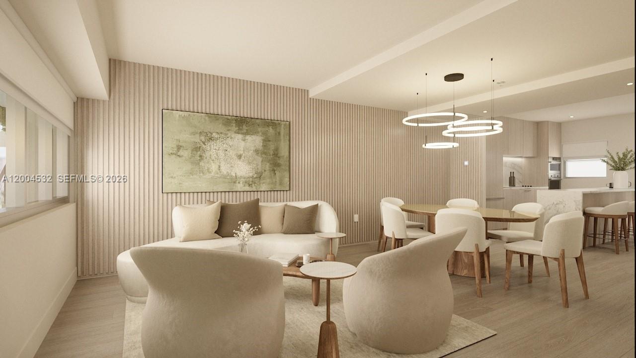 This rendering shows a modern living and dining area with slatted walls and neutral furniture — 250 Collins Ave # 109, Miami Beach FL 33139, MIAMI BEACH, FL