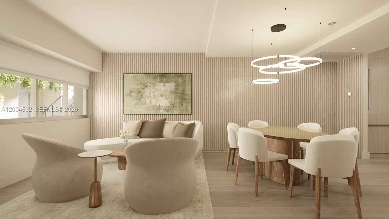 This rendering shows a modern dining and living area with light wood-paneled walls — 250 Collins Ave # 109, Miami Beach FL 33139, MIAMI BEACH, FL