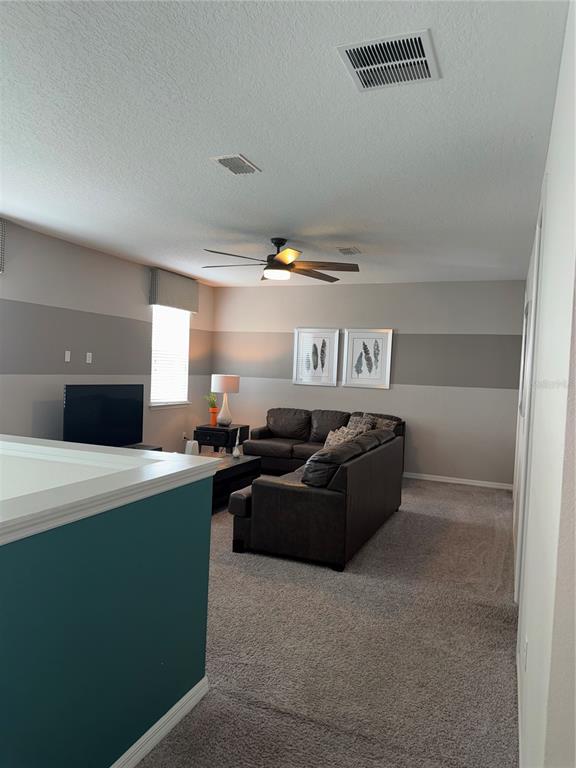A carpeted loft area features a dark sectional sofa, a television, and horizontal wall stripes — 9000 EGRET MILLS TERRACE, KISSIMMEE, FL